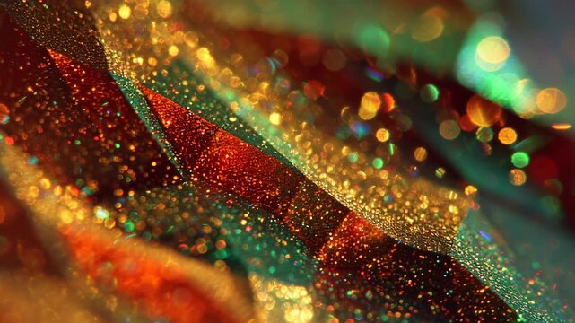 A piece of fabric with gold and green glitter on it. The fabric is folded and has a shiny appearance. Holographic diffraction subtle festive red green gold