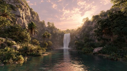 Tranquil waterfall flowing through lush green forest illuminated by warm sunset light creating serene natural landscape scenery