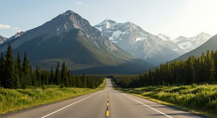 Fototapeta premium Open road stretching through evergreen trees toward snow-capped mountains under a clear sky