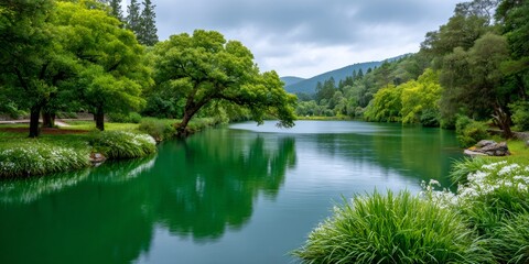 Obraz premium Tranquil green lake reflecting lush forest trees