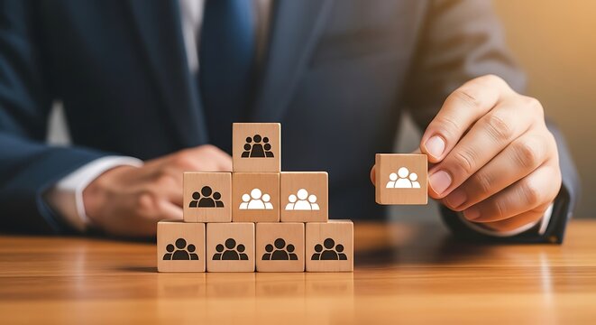 Building a successful team a businessman strategically assembling wooden blocks representing hierarchy and teamwork for business growth