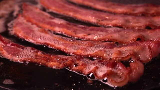 Bacon strips sizzling on a frying pan. Close up video of bacon being fried. Slices of fresh Bacon being fried on a Frying Pan, a Closeup footage.