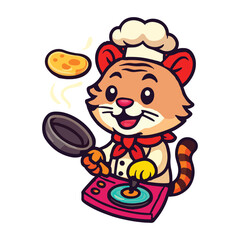 Chef Tiger Disc Jockey Cat Spins Vinyl, Flipping Pancake Fleck with Whiskered Culinary Beat