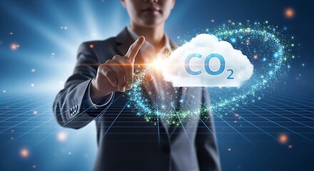 Businesswoman interacting with co2 cloud hologram sustainable technology and environmental solutions for a greener future