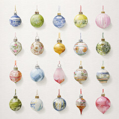 Watercolor Illustration of various red Christmas ornament balls on white background, AI generated