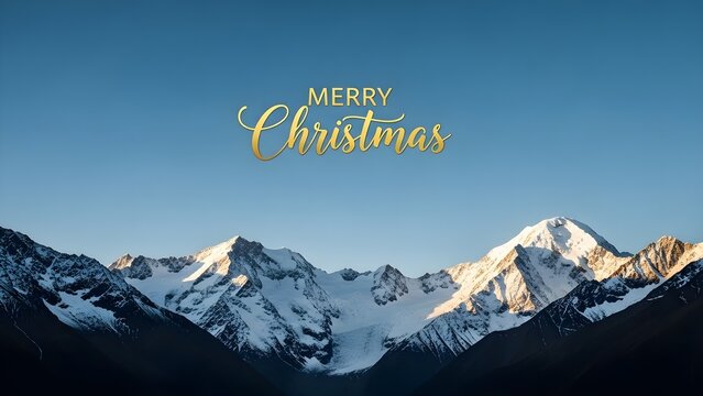 Majestic snow-capped mountain peaks under a clear blue sky, elegantly adorned with a golden 'Merry Christmas' greeting, perfect for a serene winter holiday celebration - Powered by Adobe