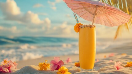 A mango lassi milkshake under a sun kissed floral umbrella on sandy shore