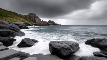 Rocky coast long exposure with dynamic ocean waves