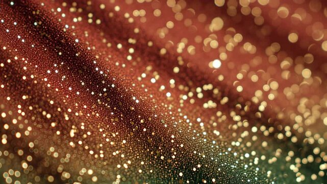 A piece of fabric with gold and green glitter on it. The fabric is folded and has a shiny appearance. Luxury holiday gold grain sprinkled softly red green gradient