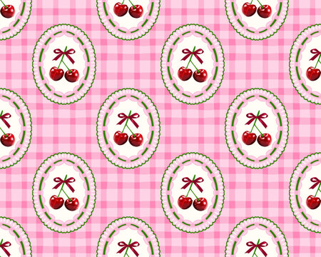 Pink Gingham Cherry Seamless Pattern. Cute Vintage Oval Frame Fruit Repeat Design