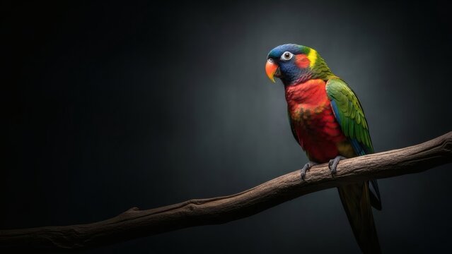 A vibrant, colorful parrot perched on a branch, illuminated against a dark background.