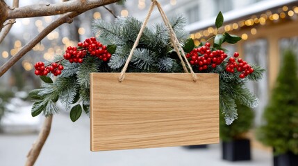 Blank wooden sign hanging with Christmas decoration outdoor