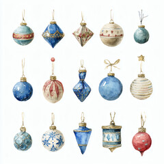 Watercolor Illustration of various red Christmas ornament balls on white background, AI generated