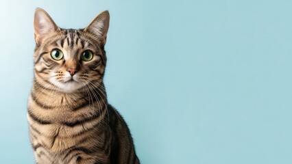 Obraz premium A close-up studio portrait of a tabby cat looking directly at the viewer with a neutral expression.