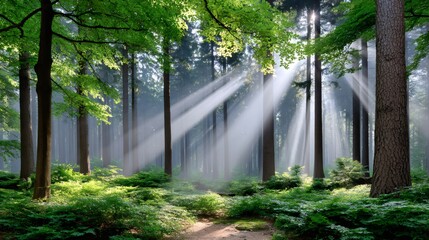 Forest sunbeams illuminating green undergrowth and tall trees