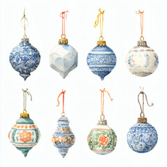 Watercolor Illustration of various red Christmas ornament balls on white background, AI generated