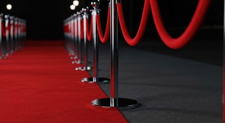 A red carpet with stanchions, inviting guests. Black and gray surroundings