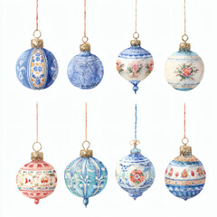 Watercolor Illustration of various red Christmas ornament balls on white background, AI generated