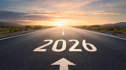 2026 New Year text on asphalt road with beautiful sunset and orange sky horizon landscape