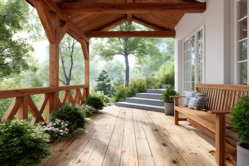Obraz premium Wooden porch with bench overlooking a lush forest