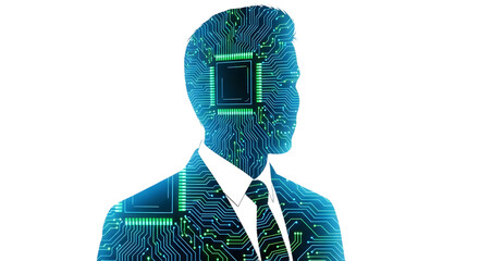 Silhouette of a man with a circuit board pattern and the word geo on transparent background
