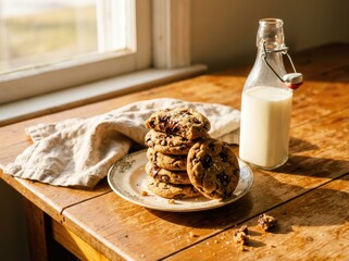 A stack of freshly baked chocolate chip cookies on a vintage plate next to a glass bottle of milk on a rustic wooden table by a window, bathed in natural light.