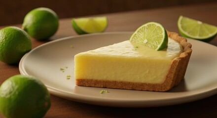 A slice of key lime pie on a plate, surrounded by limes, close-up shot