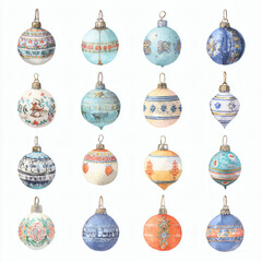 Watercolor Illustration of various red Christmas ornament balls on white background, AI generated