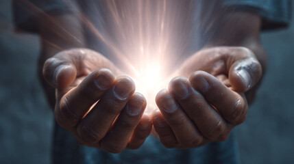 A pair of hands cupped together holding a bright light source emanating upwards strongly