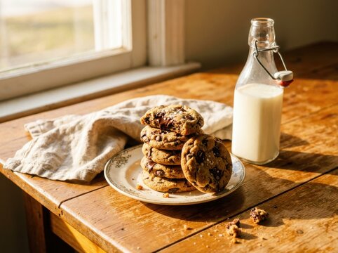 A stack of freshly baked chocolate chip cookies on a vintage plate next to a glass bottle of milk on a rustic wooden table by a window, bathed in natural light.