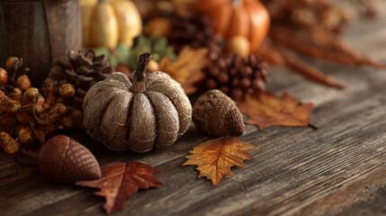 Autumnal still life featuring pumpkins, acorns, leaves, and pine cones on wood surface