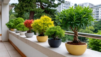 Fototapeta premium Colorful bonsai trees creating urban balcony garden
