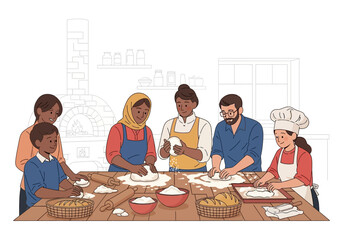 Diverse group baking in cooking class. Great for culinary school promotions, cultural events, and cooking class advertisements.