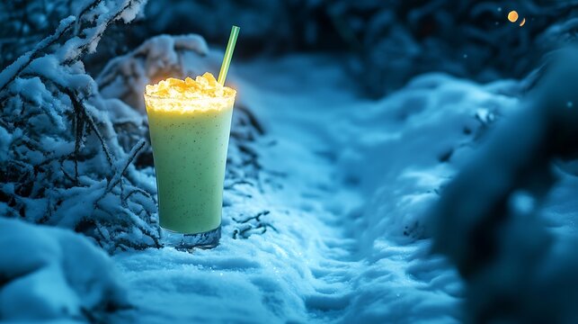 A matcha ginger milkshake glowing near a snow covered wagon trail