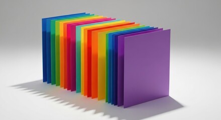 A vibrant stack of colored rectangular sheets, arranged like open books, casting shadows