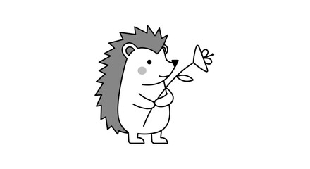 Delightful hedgehog holding a delicate flower in simple line art illustration