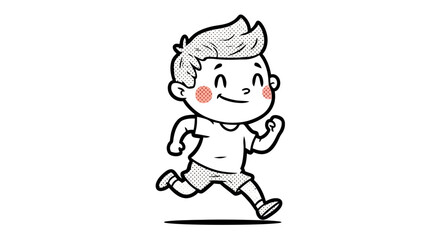 Energetic Cartoon Illustration of a Running Boy with a Cheerful Expression Depicted in Black and