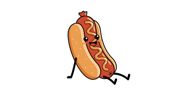 A whimsical, cartoon hotdog character relaxing against a white backdrop radiating cheerfulness and