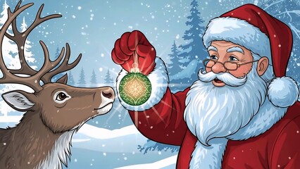 Santa claus shows a reindeer a christmas ornament in a snowy forest