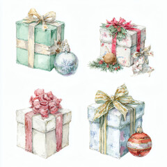 Watercolor Illustration of various red Christmas gift box on white background, AI generated