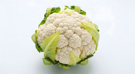 Fresh White Cauliflower with Green Leaves on Light Background.