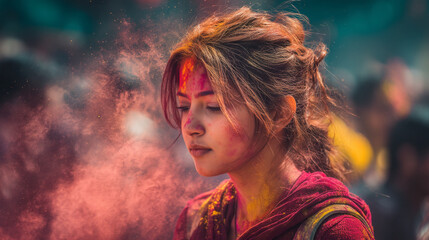 Portrait of a young woman with holi powder on her face and messy hair in an outdoor setting