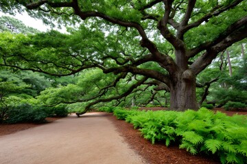 Fototapeta premium Ancient oak tree extending branches over garden path