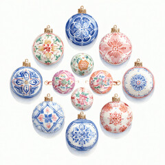 Watercolor Illustration of various red Christmas ornament balls on white background, AI generated