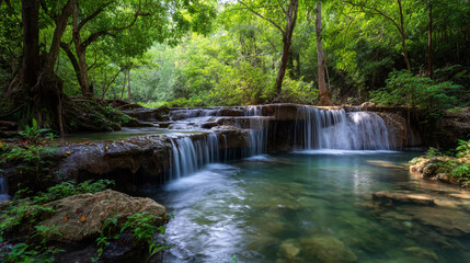Waterfalls cascading over rocks in a lush green forest with trees and clear water