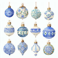 Watercolor Illustration of various red Christmas ornament balls on white background, AI generated