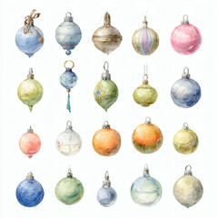 Watercolor Illustration of various red Christmas ornament balls on white background, AI generated