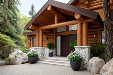 Obraz premium Rustic log cabin exterior entrance surrounded by nature