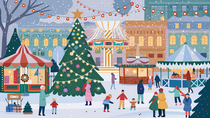 Charming christmas market scene with festive decorations and people