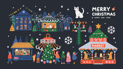 Fototapeta premium Charming christmas village scene with market and festive decorations